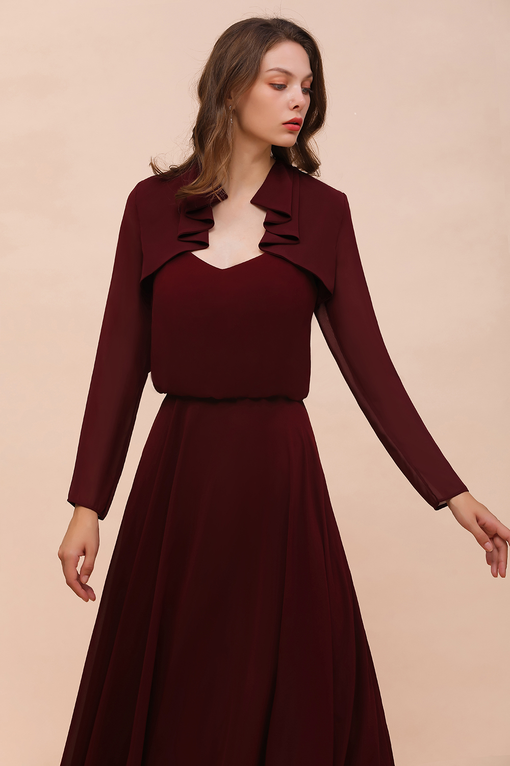 BM1891 Long Sleeves Burgundy Chiffon Wedding Wraps