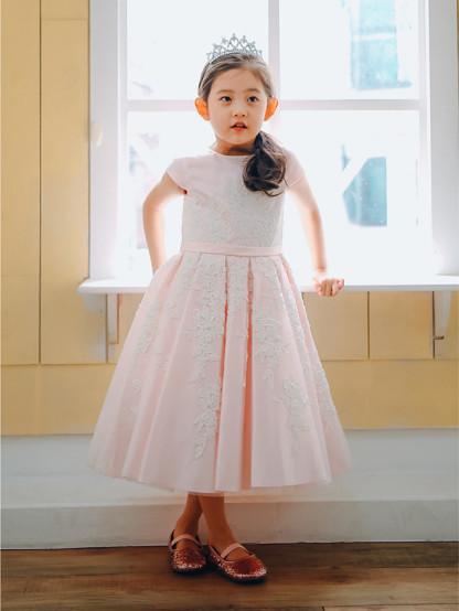 Ball Gown Tea Length Wedding / Birthday / Pageant Flower Girl Dresses - Lace / Satin Cap Sleeve Jewel Neck With Belt / Buttons / Appliques