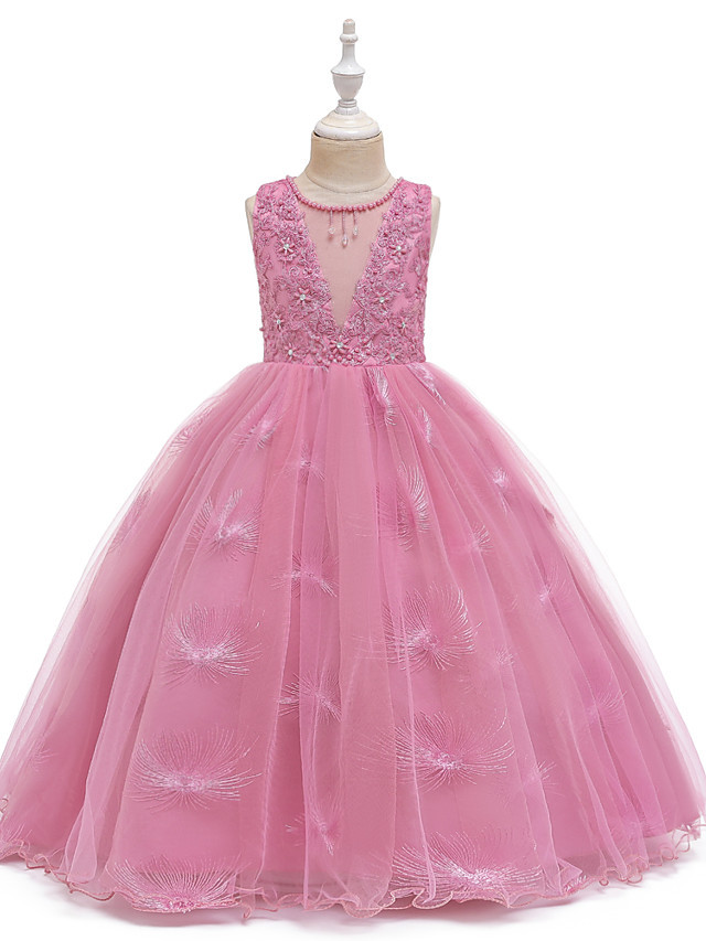 A-Line Medium Length Wedding / Party / First Communion Flower Girl Dresses - Tulle / Matte Satin / Poly&Cotton Blend Sleeveless Jewel Neck With Lace / Beading / Solid