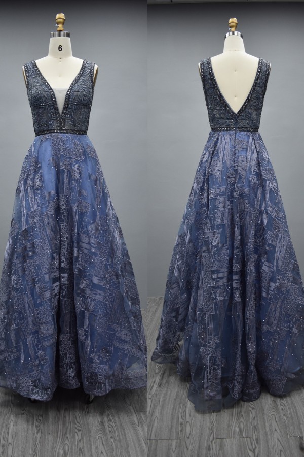 Elegant Long A-line V-neck Satin Beading Backless Formal Prom Dresses