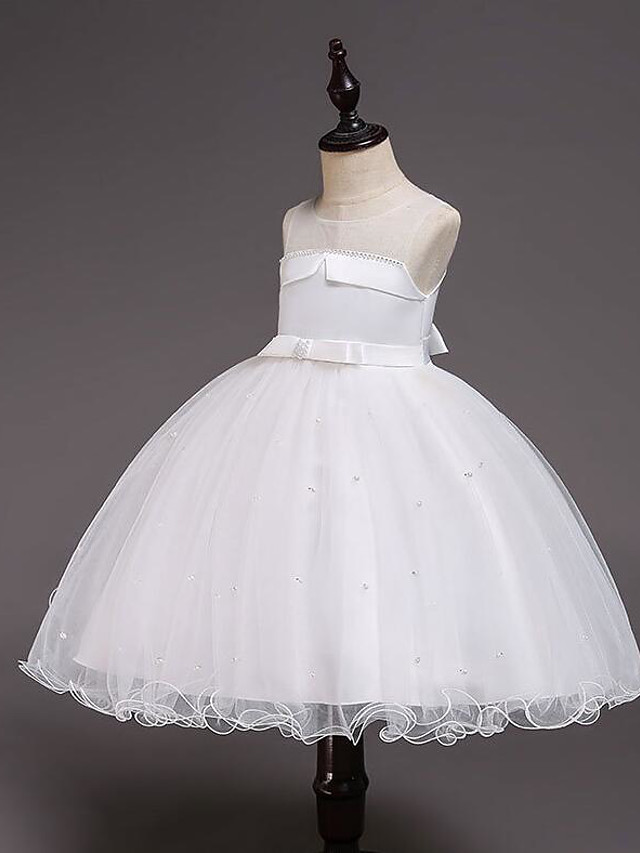 Princess Knee Length Wedding / Party / Pageant Flower Girl Dresses - Satin / Tulle / Cotton Sleeveless Jewel Neck With Belt / Crystals / Beading