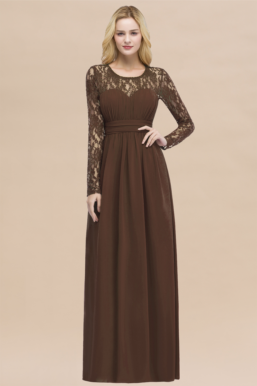 Elegant A-Line Chiffon Jewel Long Sleeves Ruffles Floor-Length Bridesmaid Dresses