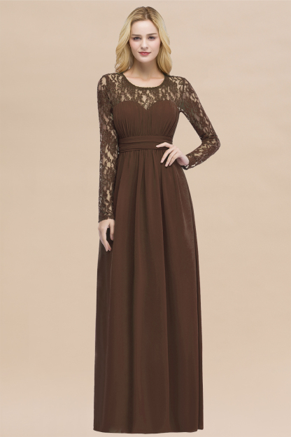 Elegant A-Line Chiffon Jewel Long Sleeves Ruffles Floor-Length Bridesmaid Dresses
