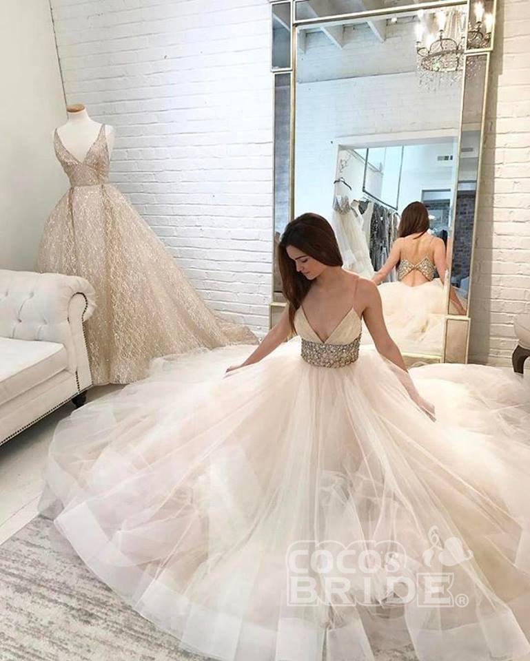 Spaghetti Straps A-line Long Beaded V-neck Tulle Open Back Wedding Dresss