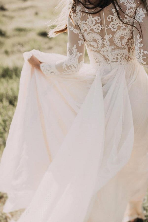 Long Appliques Lace Chiffon A-line Wedding Dress	 with Long Sleeves