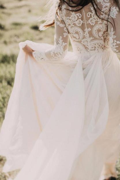 Long Appliques Lace Chiffon A-line Wedding Dress	 with Long Sleeves