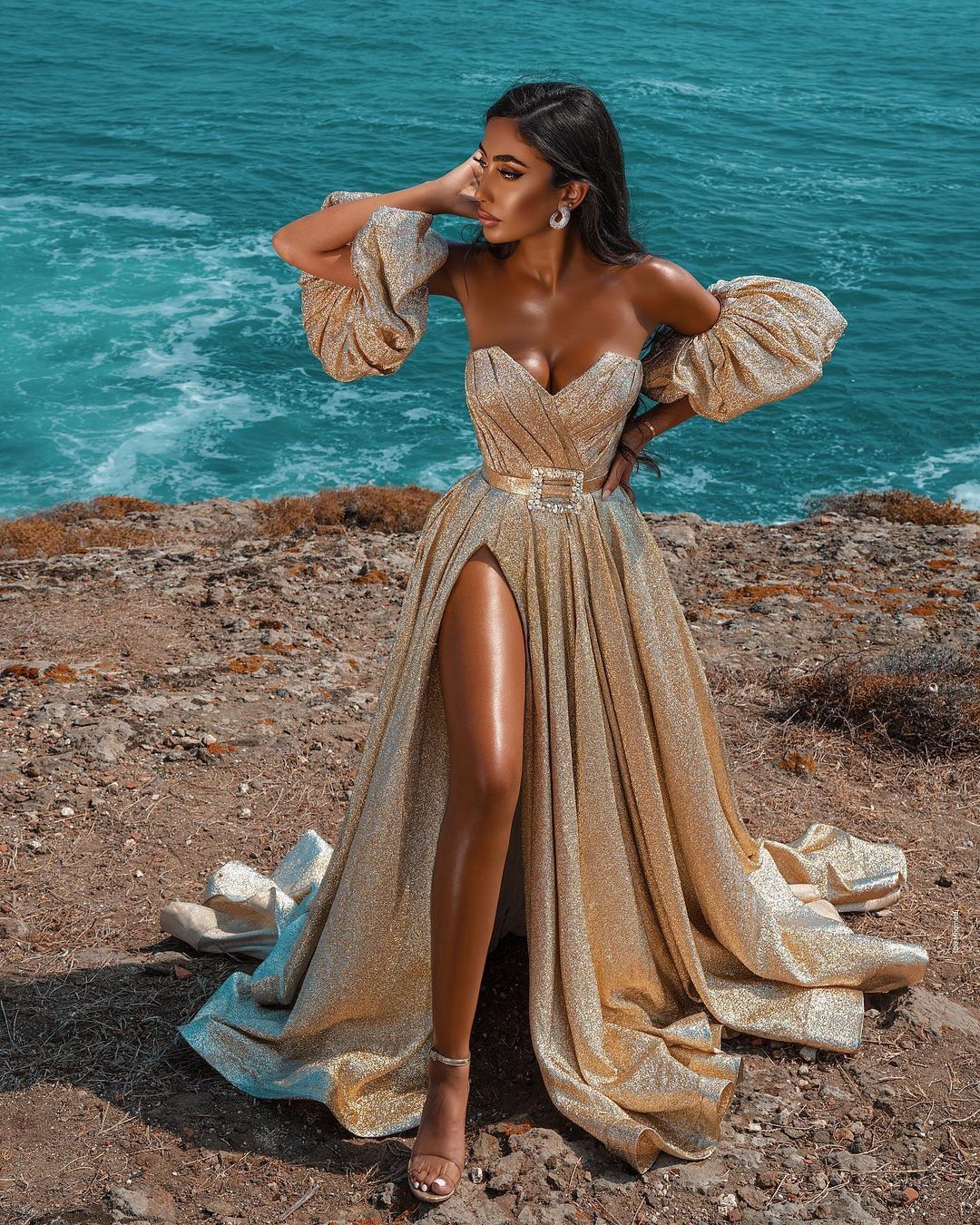 Glitter Long A-line Sweetheart Sequined Formal Prom Dress with Slit
