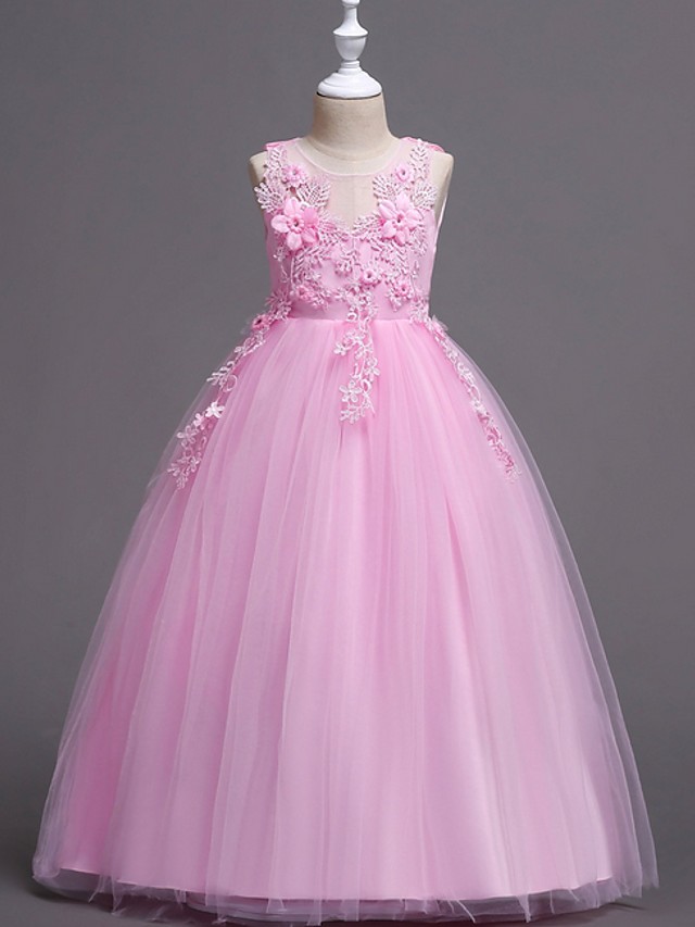 Princess / Ball Gown Floor Length Wedding / Party Flower Girl Dresses - Satin / Tulle Sleeveless Jewel Neck With Bow(S) / Appliques