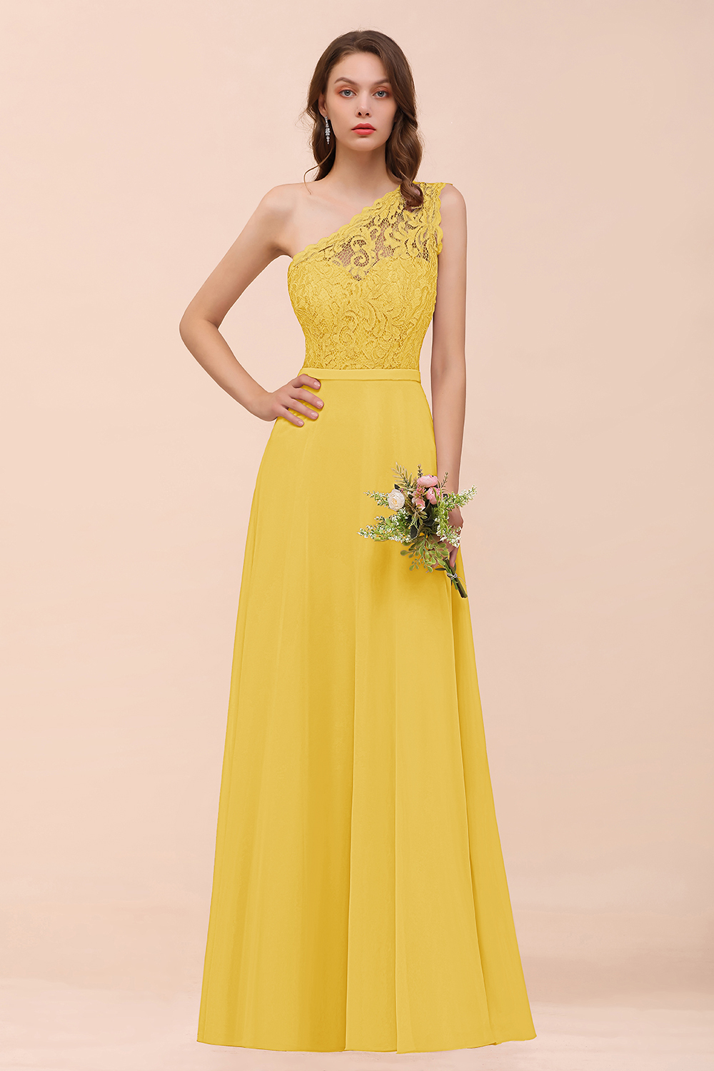 Classy One Shoulder Appliques Lace Floor-length A-Line Chiffon Bridesmaid Dress