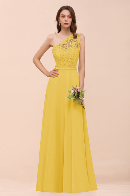 Classy One Shoulder Appliques Lace Floor-length A-Line Chiffon Bridesmaid Dress