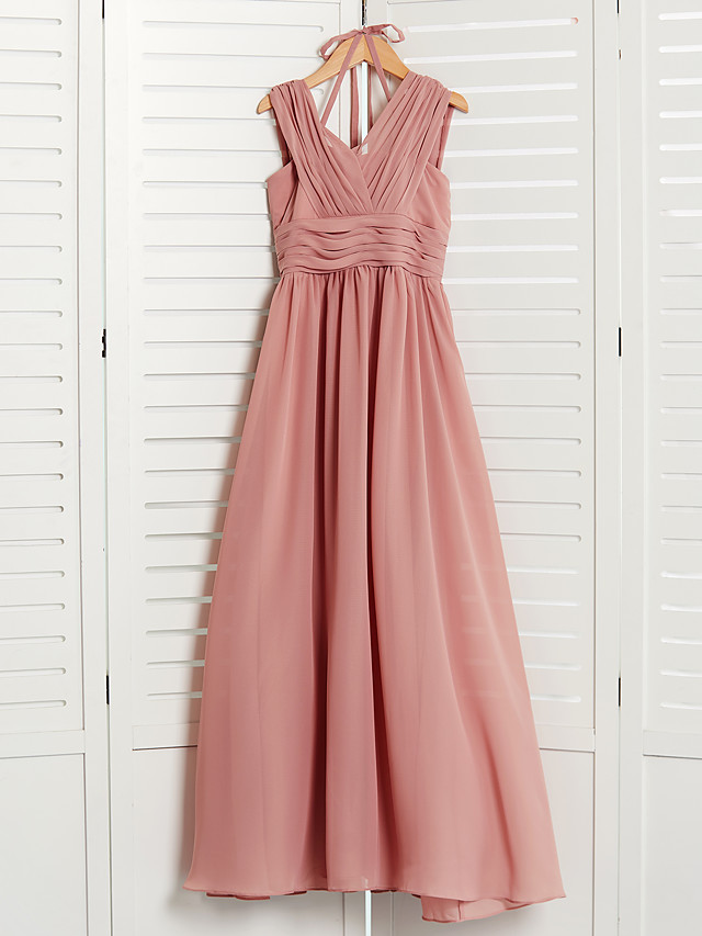 Long A-Line V Neck Chiffon Junior Bridesmaid Dress