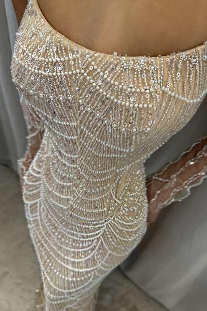 Long Gloves Strapless Mermaid Prom Dress with Beads and Beading