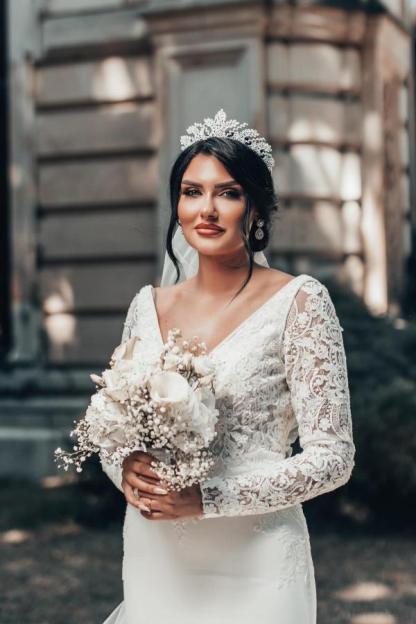 Long Mermaid V-neck Satin Lace Backless Wedding Dress with Sleeves