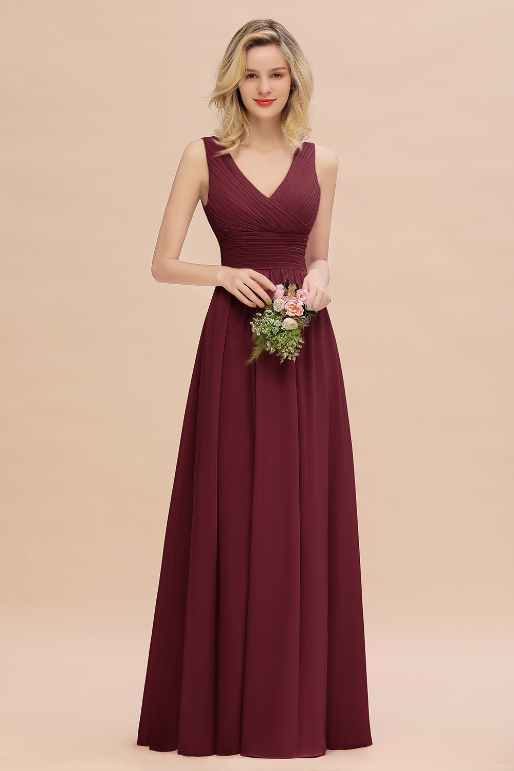 Elegant A-line V-Neck Ruffles Long Bridesmaid Dress