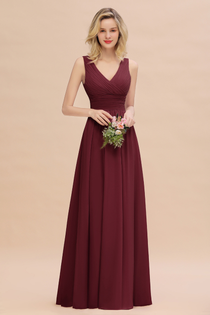 Elegant A-line V-Neck Ruffles Long Bridesmaid Dress