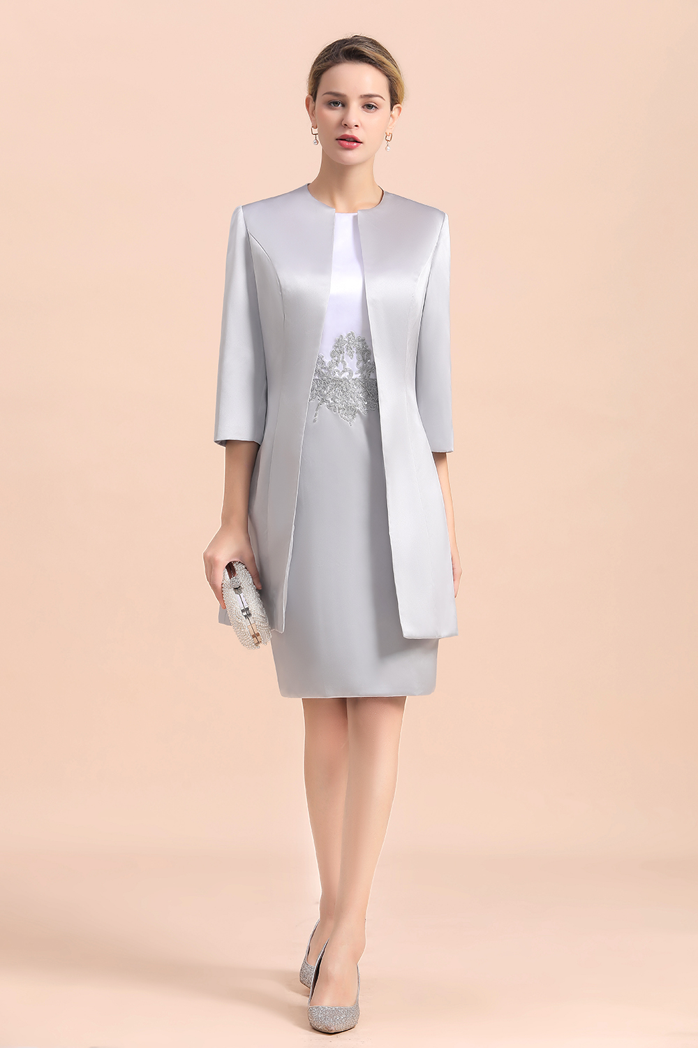Silve Lace Appliques Short Knee-Length Mother Of the Bride Dress