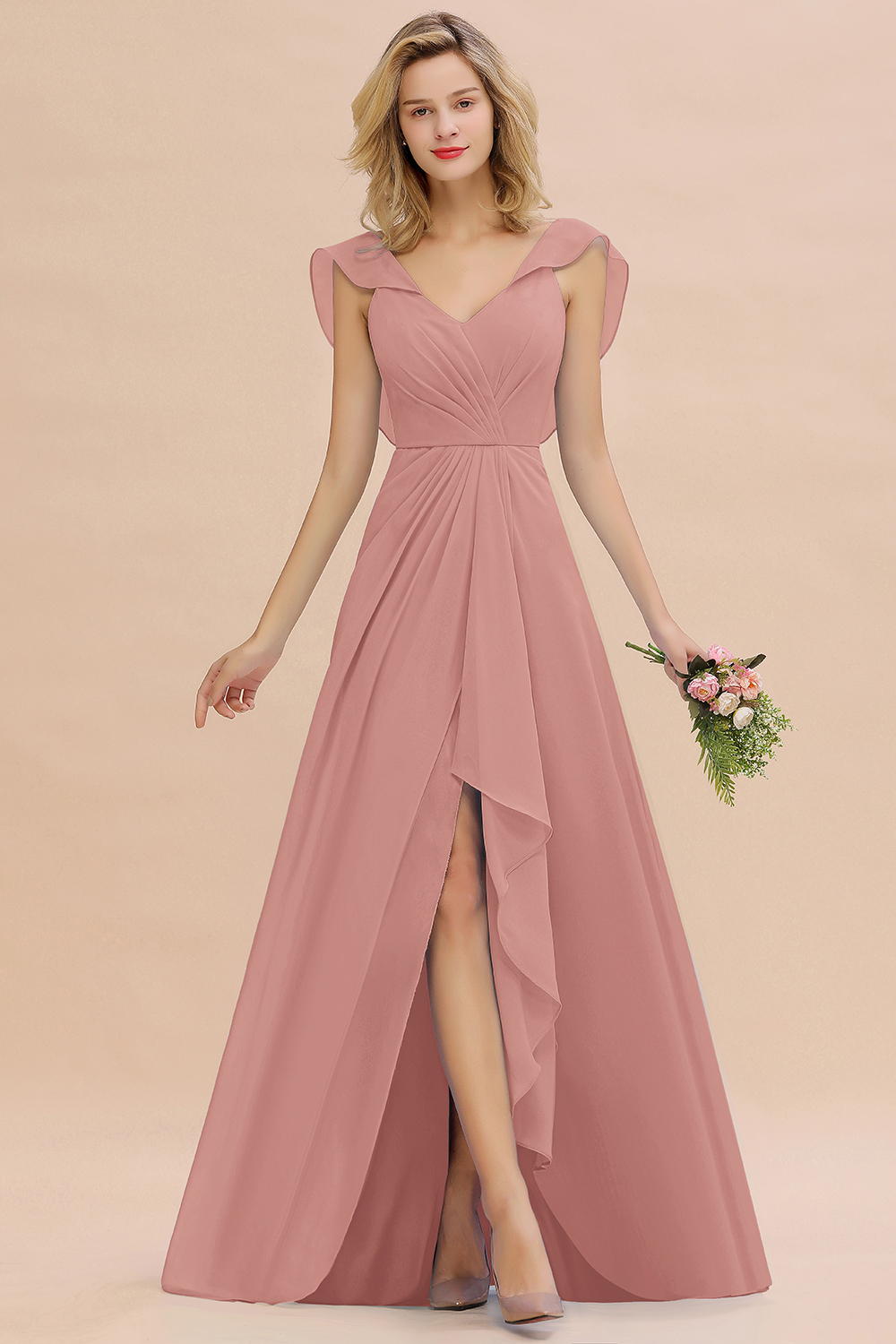 BM0777 Simple Hi-Lo V-Neck Ruffles Long Bridesmaid Dress