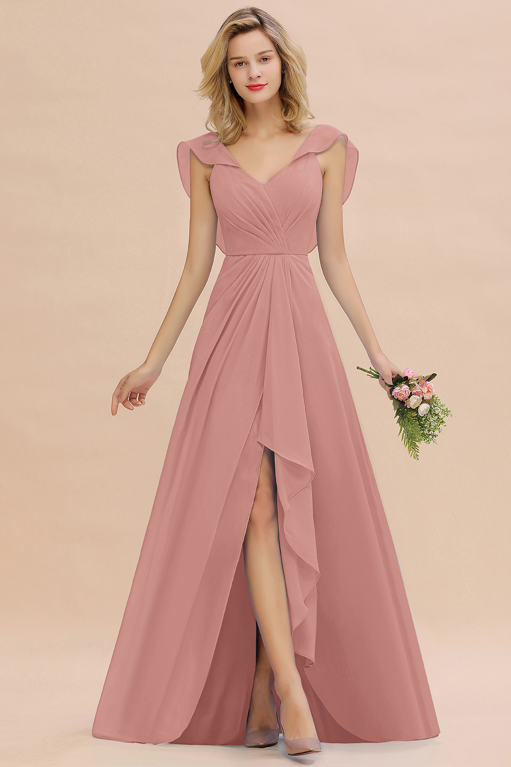 BM0777 Simple Hi-Lo V-Neck Ruffles Long Bridesmaid Dress