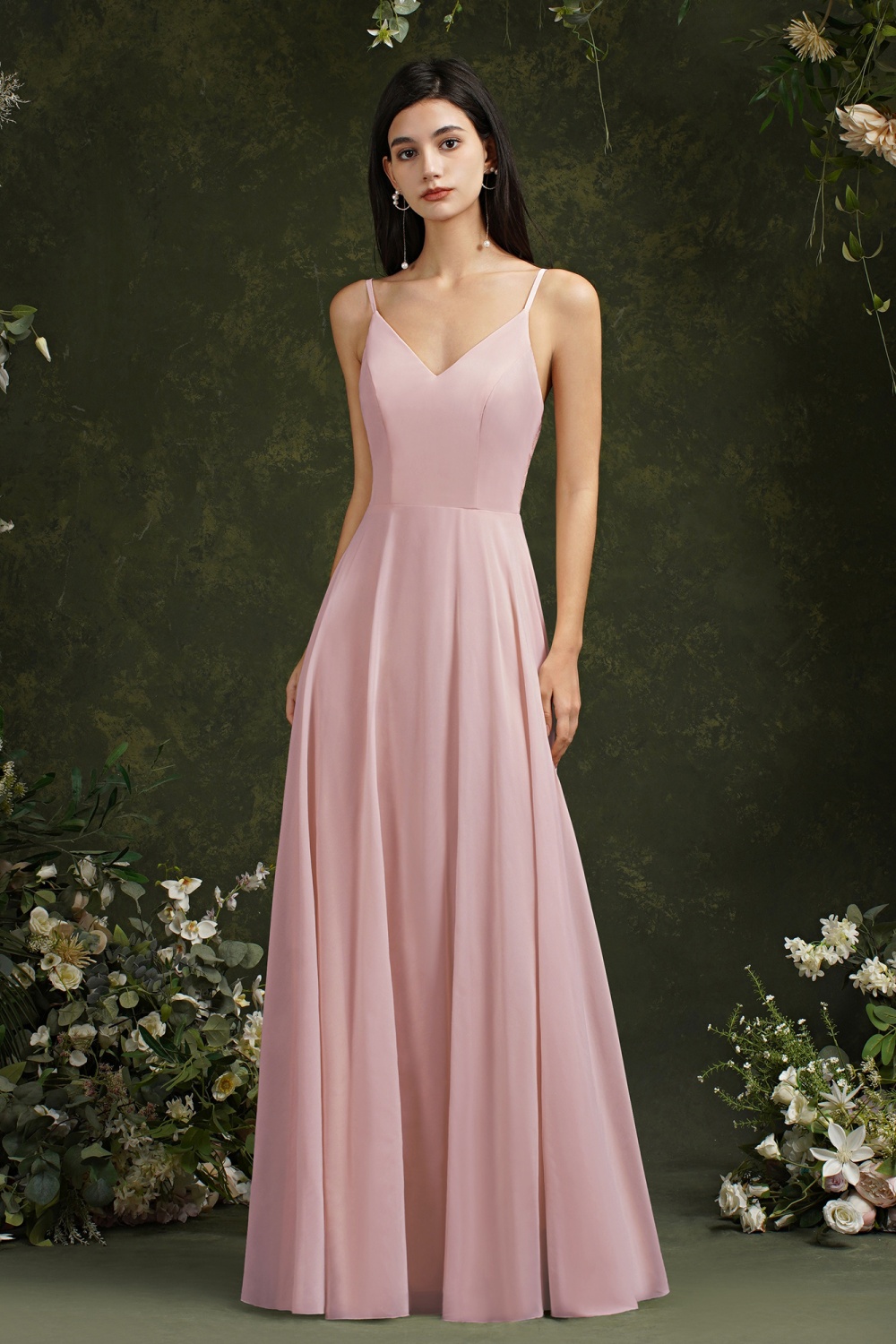 Elegant Long A-line V-neck Satin Backless Formal Evening Dress