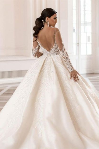 Gorgeous Long Sleeves Bateau Crystal Pearl A-Line Satin Wedding Dress