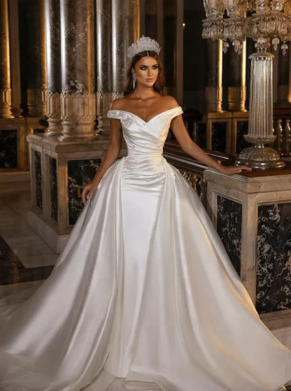 Gorgeous A-Line Off-the-shoulder Sweetheart Backless Ruffles Appliques Satin Wedding Dress
