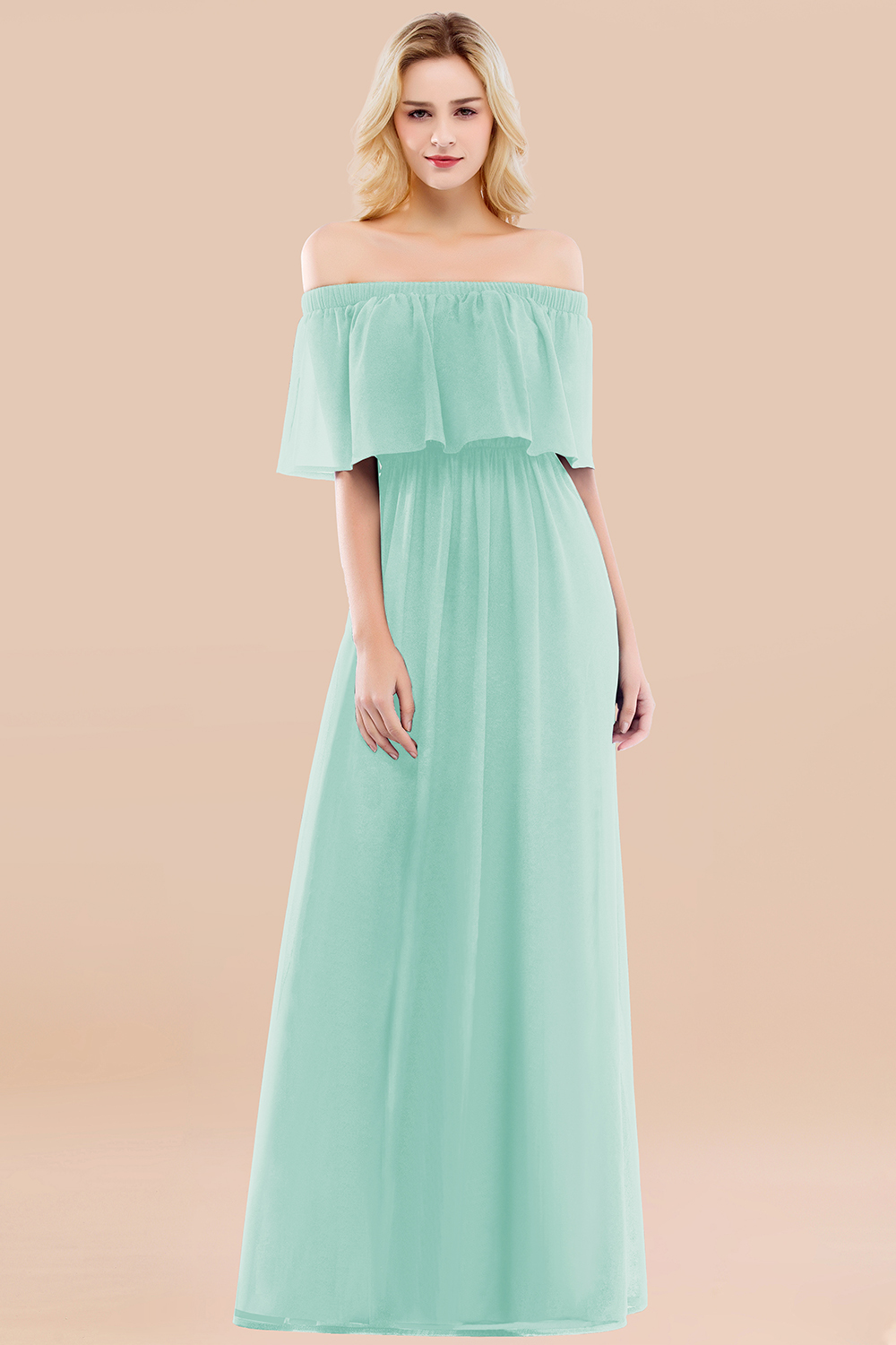 A-line Chiffon Off-the-Shoulder Short-Sleeves Ruffles Floor-length Bridesmaid Dress