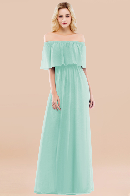 A-line Chiffon Off-the-Shoulder Short-Sleeves Ruffles Floor-length Bridesmaid Dress
