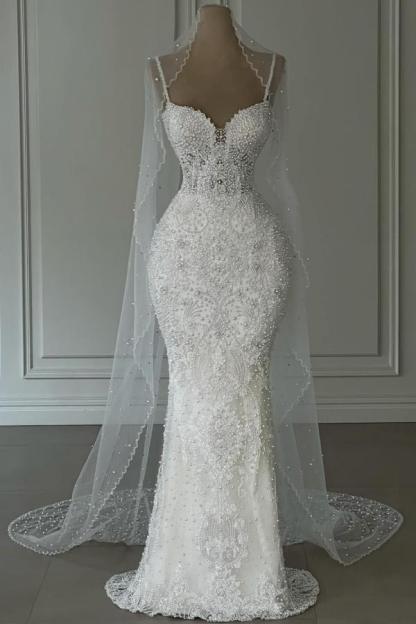 Gorgeous Long Mermaid Spaghetti Straps Appliques Lace Wedding Dress with Beads