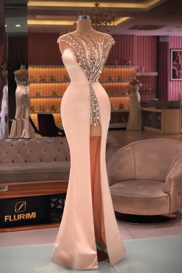 Gorgeous Pink Mermaid Sleeveless Long Beading Prom Dresses with High split