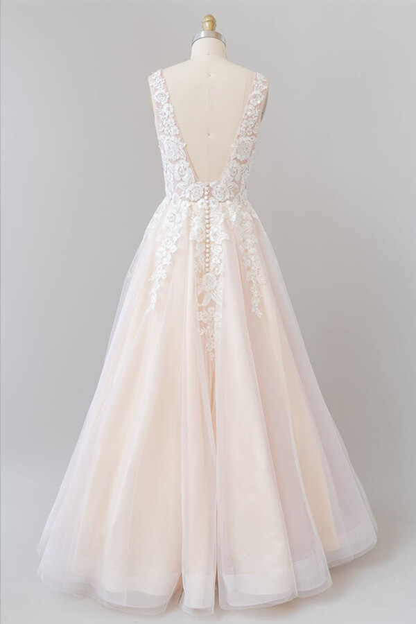 Long A-line V-neck Appliques Lace Tulle Floor length Wedding Dress
