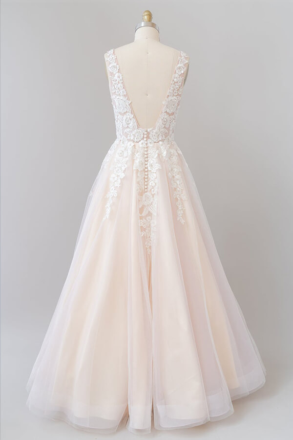 Long A-line V-neck Appliques Lace Tulle Floor length Wedding Dress