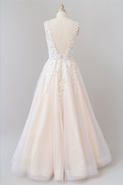 Long A-line V-neck Appliques Lace Tulle Floor length Wedding Dress