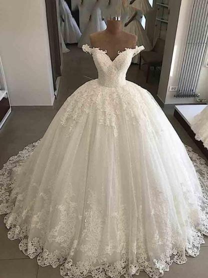 Long Off the Shoulder V-Neck Lace Ball Gown Wedding Dresses