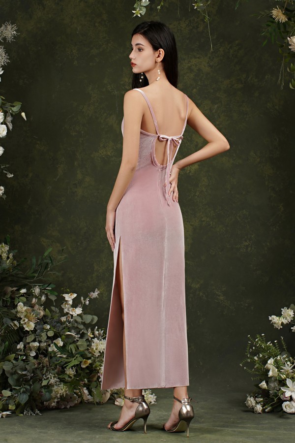 Cute Long Mermaid Straps Velvet Backless Formal Dresses with Slit