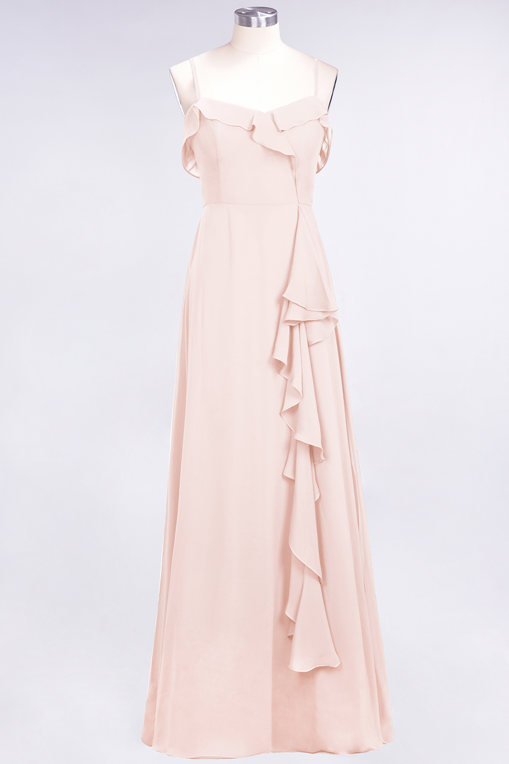 Spaghetti Straps A-Line Chiffon Backless Floor-length Prom Dress With Ruffles