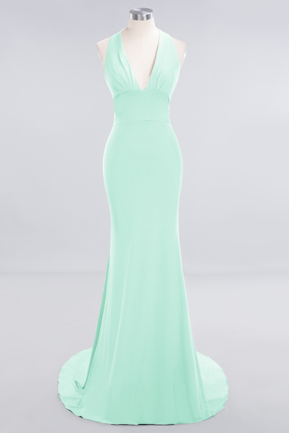 Elegant Halter Deep V-neck Open Back Floor-length Mermaid Prom Dress