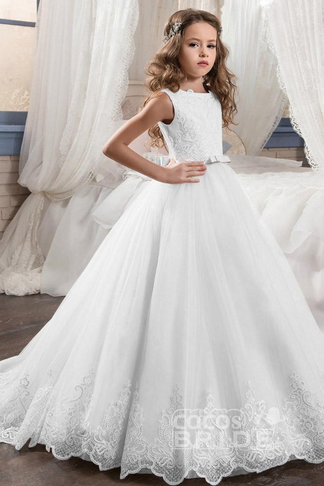 White Scoop Neck Sleeveless Ball Gown Flower Girls Dress