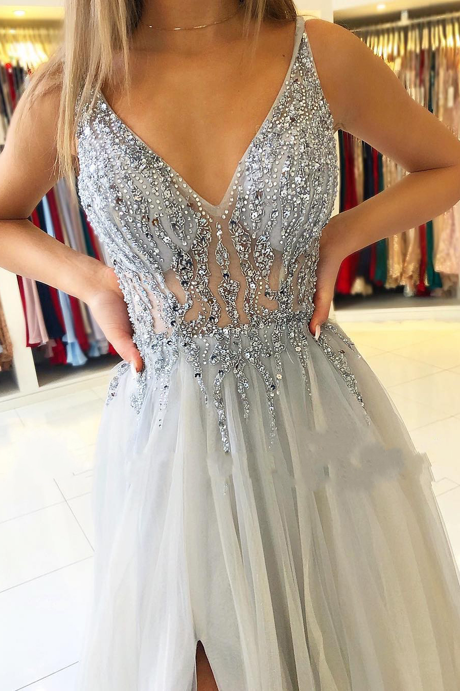 Stylish Long V-neck Beading A-Line Ruffles Prom Dress With Slit