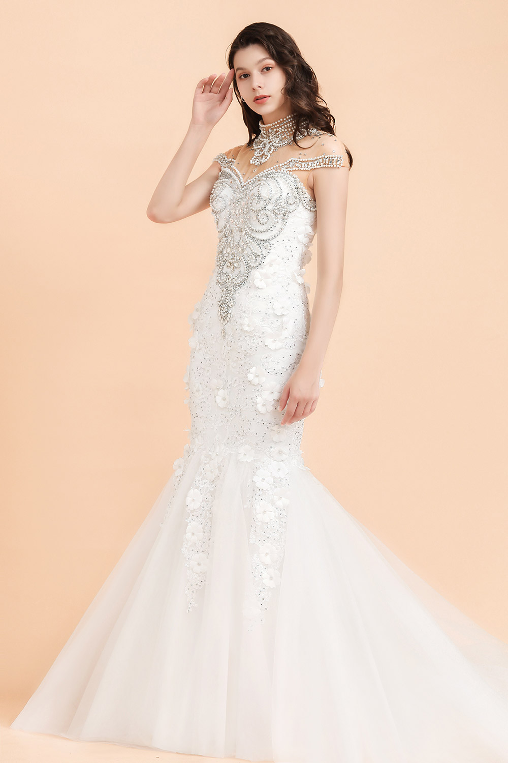Long Appliques Beads Tulle Mermaid Wedding Dress