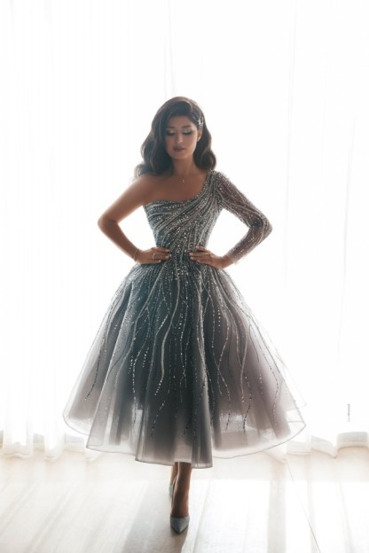 Luxury Glitter Short A-line One Shoulder Tulle Prom Dress