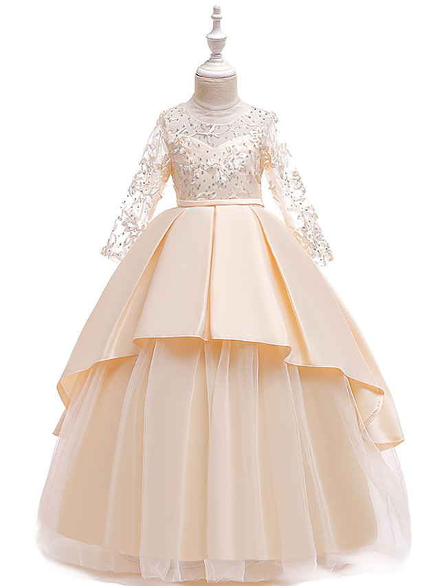 Princess Floor Length Wedding / Party / Pageant Flower Girl Dresses - Lace / Satin / Tulle Long Sleeve Jewel Neck With Lace / Belt / Crystals