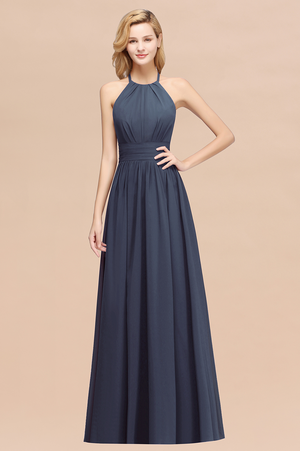 A-line Chiffon Appliques Halter Sleeveless Floor-Length Bridesmaid Dresses with Ruffles
