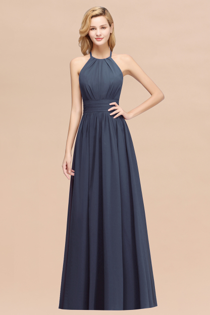 A-line Chiffon Appliques Halter Sleeveless Floor-Length Bridesmaid Dresses with Ruffles
