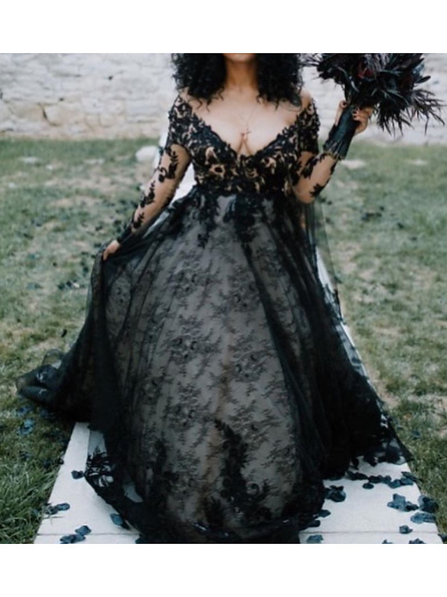 A-Line V Neck Court Train Lace Tulle Long Sleeve Country Plus Size Black Wedding Dresses