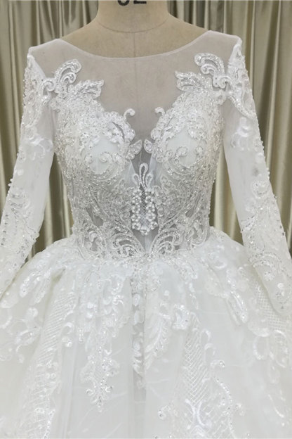 Vintage Ball Gown Appliques Lace Long Sleeve Tulle Wedding Dress