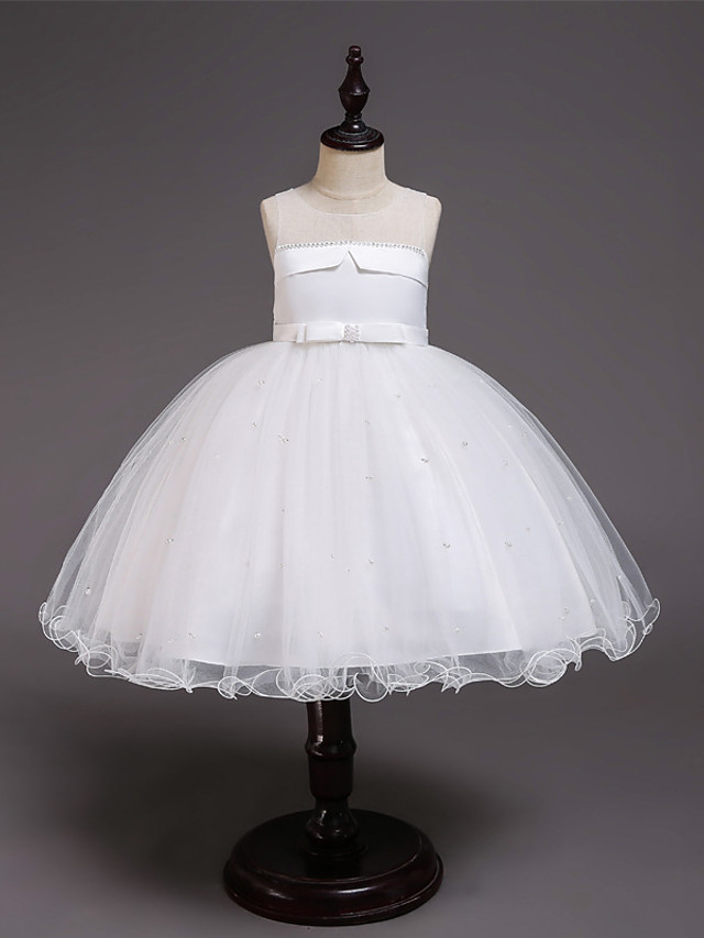 Princess Knee Length Wedding / Party / Pageant Flower Girl Dresses - Satin / Tulle / Cotton Sleeveless Jewel Neck With Belt / Crystals / Beading