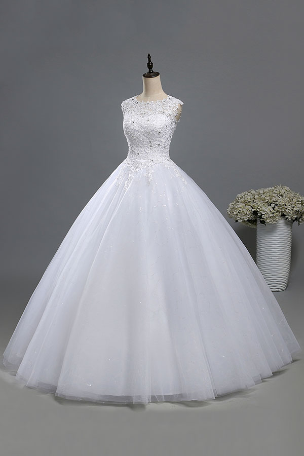 Long Ball Gown Lace-up Appliques Lace Tulle Wedding Dress