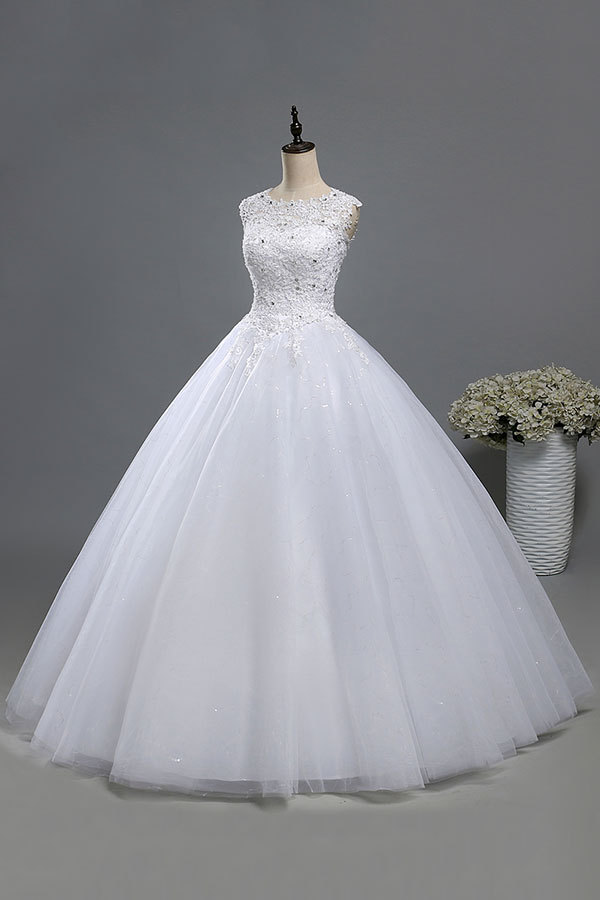 Long Ball Gown Lace-up Appliques Lace Tulle Wedding Dress