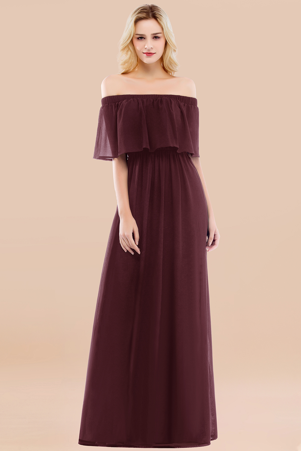 A-line Chiffon Off-the-Shoulder Short-Sleeves Ruffles Floor-length Bridesmaid Dress
