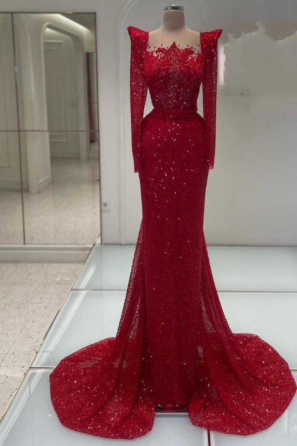 Long Sleeves Mermaid Sequined Tulle Prom Dresses with Court Train